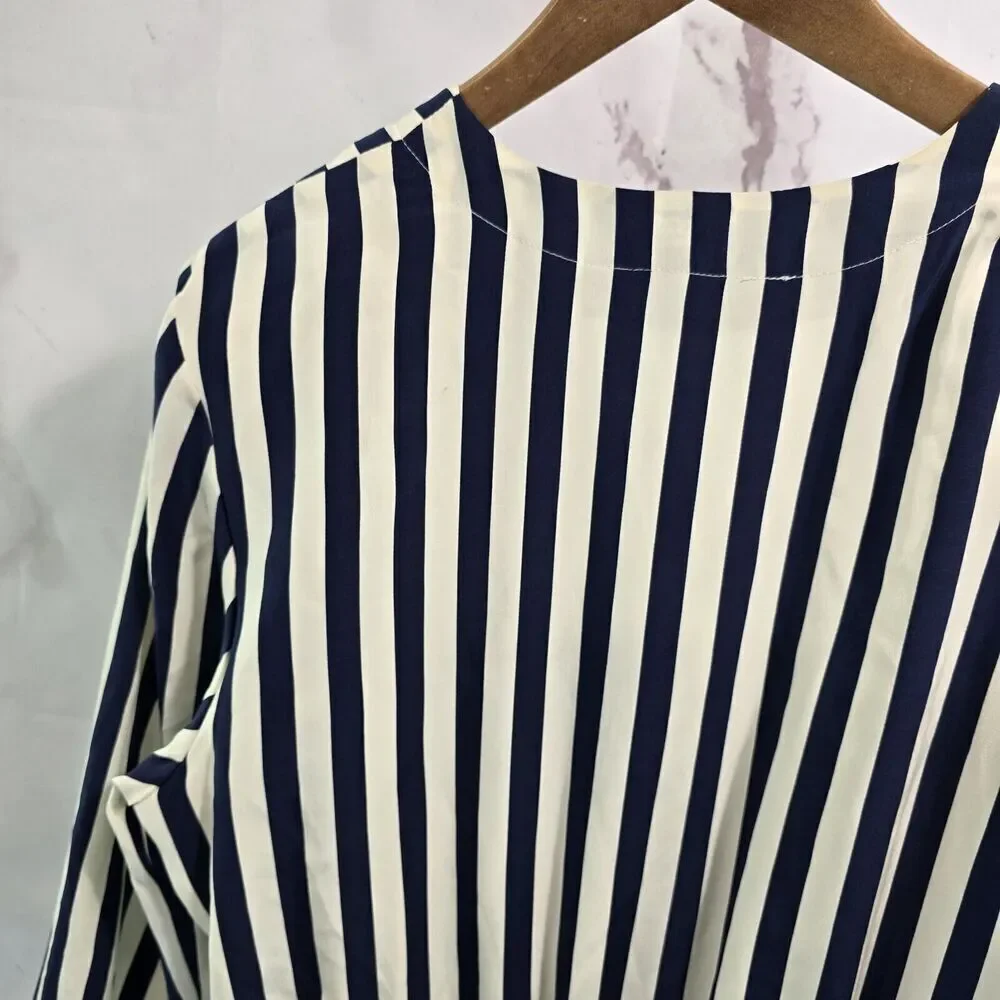Vintage Silk Dress Womens Large 12 Navy Cream White Midi Maxi Striped Talbots - Picture 8 of 16